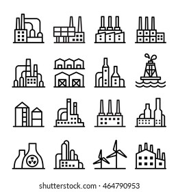 Industrial Building & Factory Icon Set In Thin Line Style