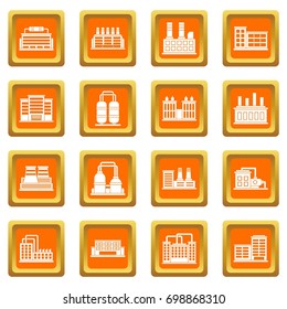 Industrial building factory icons set in orange color isolated vector illustration for web and any design