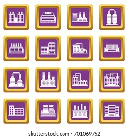 Industrial building factory icons set in purple color isolated vector illustration for web and any design