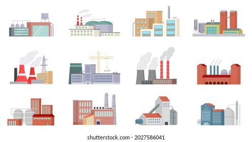 Industrial building factory, industry power station, energy plant set vector illustration. Cartoon exterior of modern urban city architecture collection, business construction isolated on white