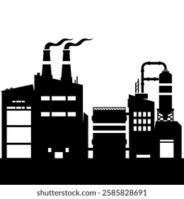 Industrial Building Factory Manufacturing Complex - Black Silhouette illustration Icon Vector