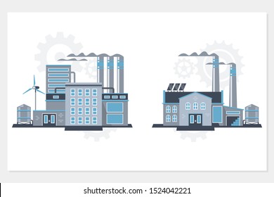 Industrial building factory and power plants icon set.Flat vector industrial building illustrations.