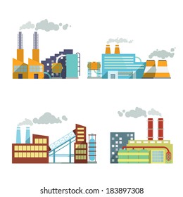 Industrial building factory and power plants icon set isolated vector illustration