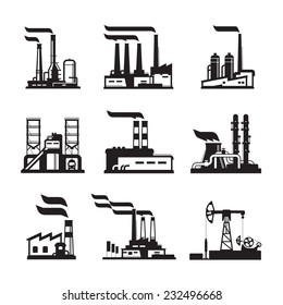 Industrial building factory and power plants  vector icons set 