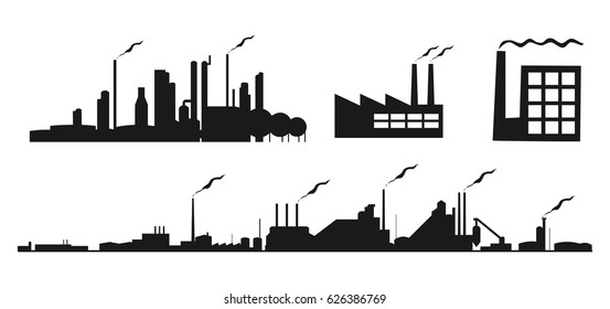 industrial building factory and power plants silhouettes icons set