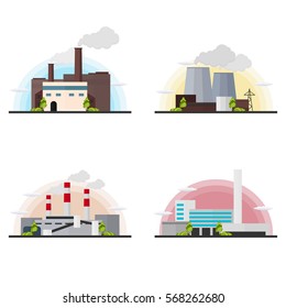 Industrial building factory set. Manufacturing. Vector flat illustration