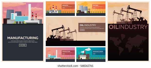 Industrial building factory set. Manufacturing, Oil Industry Vector flat illustration