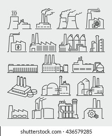 Industrial Building Factory Thin Line Style Vector Icons 