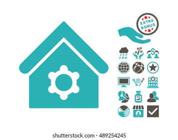 Industrial Building icon with bonus elements. Vector illustration style is flat iconic bicolor symbols, grey and cyan colors, white background.