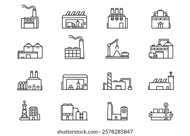 Industrial building icon. Factory vector set. Plant building sign. Power station sign. Warehouse icon. Line design industrial factory sign.