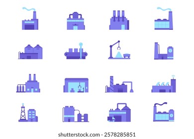 Industrial building icon. Factory vector set. Plant building sign. Power station sign. Warehouse icon. Line design industrial factory sign.