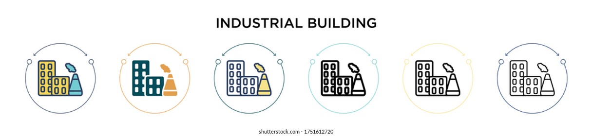 Industrial building icon in filled, thin line, outline and stroke style. Vector illustration of two colored and black industrial building vector icons designs can be used for mobile, ui, web
