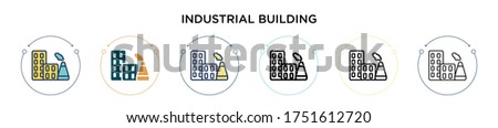 Industrial building icon in filled, thin line, outline and stroke style. Vector illustration of two colored and black industrial building vector icons designs can be used for mobile, ui, web