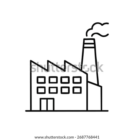 Industrial Building Icon. Outline vector depiction of a manufacturing plant with smoke from a chimney, representing production, modern commerce, and environmental concerns.