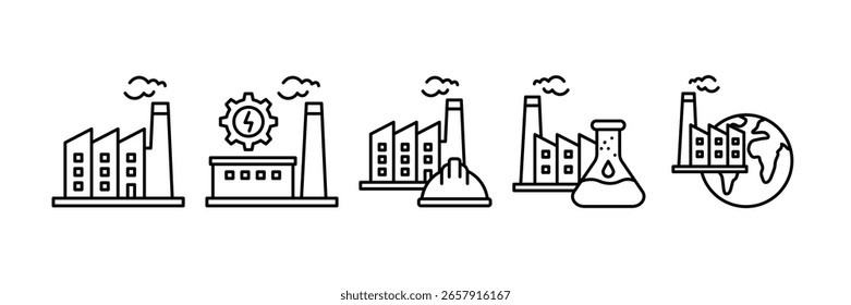 Industrial Building Icon Set, Containing design Factory, Chemical Industry, Factory Worker , Industrial Globe
