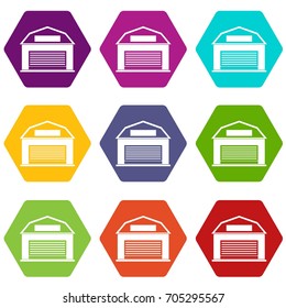 Industrial building icon set many color hexahedron isolated on white vector illustration