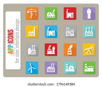 industrial building icons set in flat design with long shadow