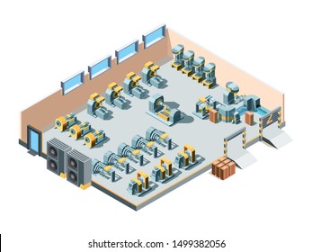 Industrial Building. Isometric Factory Interior Production Heavy Steel Machines Mechanic Manufacturing Equipment Engineering Vector