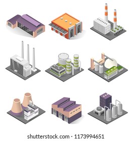 Industrial building isometric set. Factories for manufacturing, repairing, cleaning, washing. Vector 3D industrial building illustration on white background