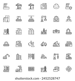 Industrial and Building line icons set. linear style symbols collection, outline signs pack. Industrial manufacturing vector graphics. Set includes icons as construction site, factory, conveyor belt