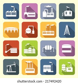 Industrial building modern city icons flat set with drilling rig and holding tanks isolated vector illustration