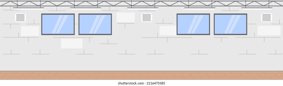 Industrial building or modern factory vector illustration. Manufacturing, production, plant or warehouse premises. Empty factory and space for industrial production. Hangar building with windows