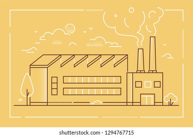 Industrial building - modern line design style vector illustration on yellow background. High quality linear composition with facade of plant, factory, facility. City architecture, manufactory concept