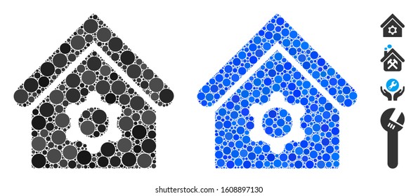 Industrial building mosaic of circle elements in variable sizes and color tones, based on industrial building icon. Vector circle elements are organized into blue composition.