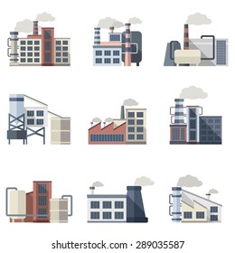 Industrial Building Plants And Factories Flat Icons Set Isolated Vector Illustration