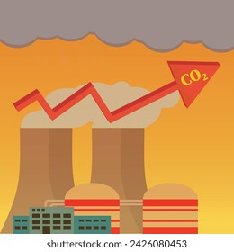 Industrial building with smoke and a red ascending arrow with CO2 symbol