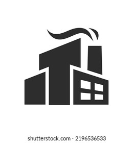 Industrial building with smoke, vector icon. Monochrome black and white symbol