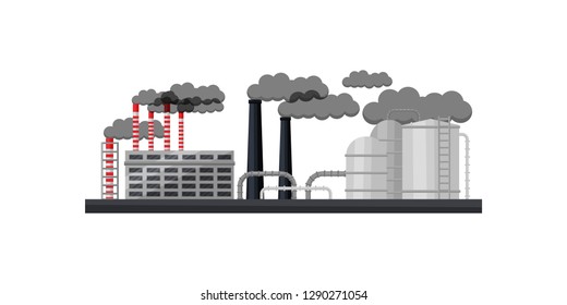 Industrial building, smoking chimneys, metal pipes and large cisterns. Manufacturing factory. Flat vector design