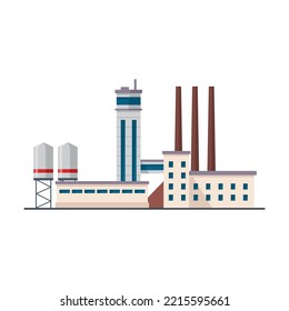 Industrial building vector illustration. Big plant with pipes isolated on white background. Manufacture in city, pollution, ecology concept