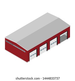 Industrial building warehouse with doors for freight cars, trucks isolated on white background isometric view.