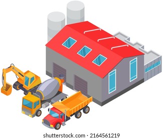 Industrial Building Warehouse Hangar Factory Production Trucks And Construction Equipment. Garage For Concrete Truck Excavator. Commercial Premice And Machines Used In Construction And Repair Of Roads