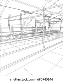 Industrial building wireframe for abstract background.Tracing illustration of 3d.