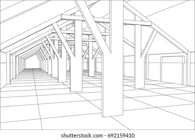 Industrial building wireframe for abstract background.Tracing illustration of 3d.