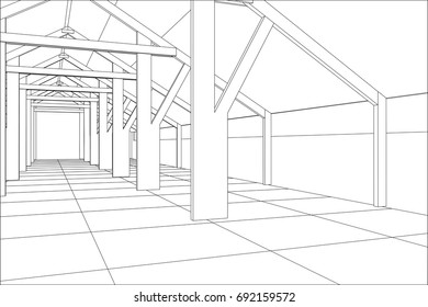 Industrial building wireframe for abstract background.Tracing illustration of 3d.