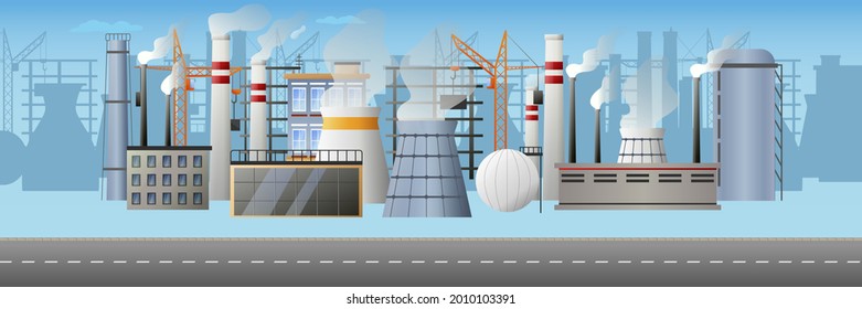 Industrial buildings background. Facility pipes with smog and power plants in the city scape. Storage tank with petroleum. Nuclear power station near the highway road. Vector illustration