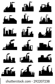 Industrial buildings black silhouettes with storage tanks and pipelines isolated on white background for heavy industry or ecology design
