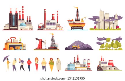 Industrial buildings cartoon set of factories power plants oil offshore platform isolated vector illustration