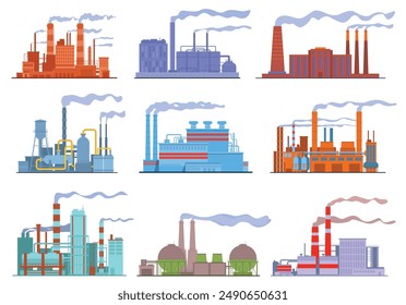 edificios de Industrial. Fábrica química. Centrales eléctricas. Refinería de petróleo. Fabricación de maquinaria. Metalurgia pesada. Smoke de pipes. Contaminación del aire. Producción vegetal