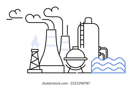 Industrial buildings with chimneys, storage tanks, and water reservoir emitting smoke. Ideal for manufacturing, pollution, energy production, industrial processes, environmental impact. Simple line