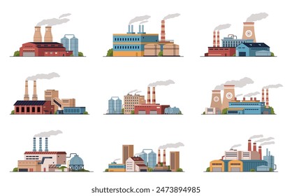 Industrial buildings. Different power stations, factories and manufactures, smoking chimneys, atmospheric pollution, harmful emissions, cartoon flat style isolated nowaday vector set