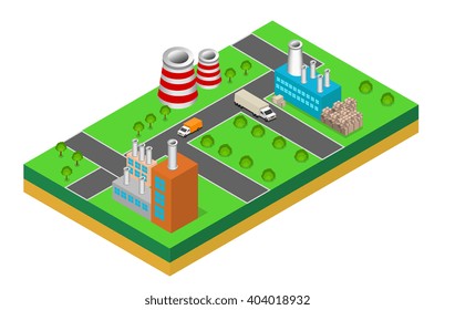  industrial buildings factories and boilers in perspective, isometric factories