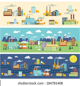 Industrial buildings factories facilities public offices and power plants horizontal banners set vector illustration