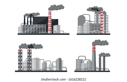 Industrial Buildings and Factories Vector Set. Plants with Chimneys Discharging Manufacturing Smoke