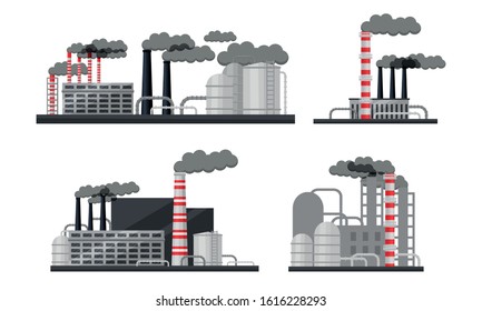 Industrial Buildings and Factories Vector Set. Plants with Chimneys Discharging Manufacturing Smoke