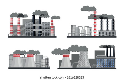 Industrial Buildings and Factories Vector Set. Plants with Chimneys Discharging Manufacturing Smoke