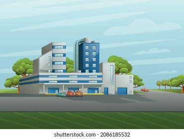 industrial buildings flat colored composition with modern environmentally friendly plant at blue sky green lawn and trees background vector illustration